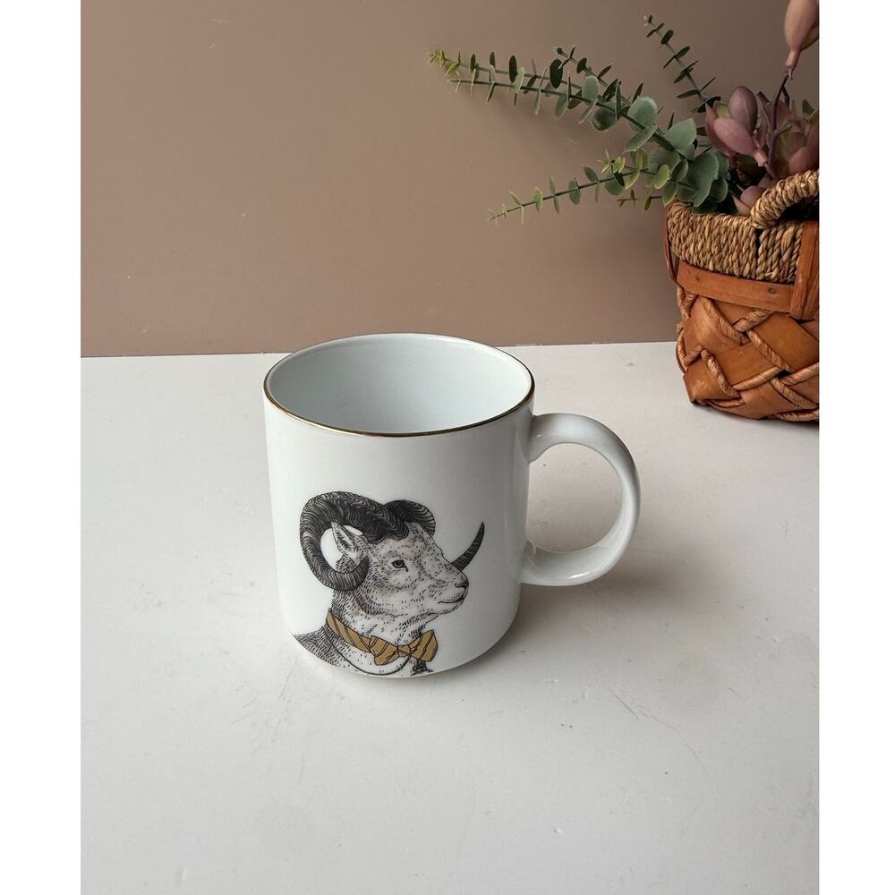 West Elm x Rachel Kozlowski Dapper Animal Ram Mug | Ivory Ceramic Coffee Tea Cup